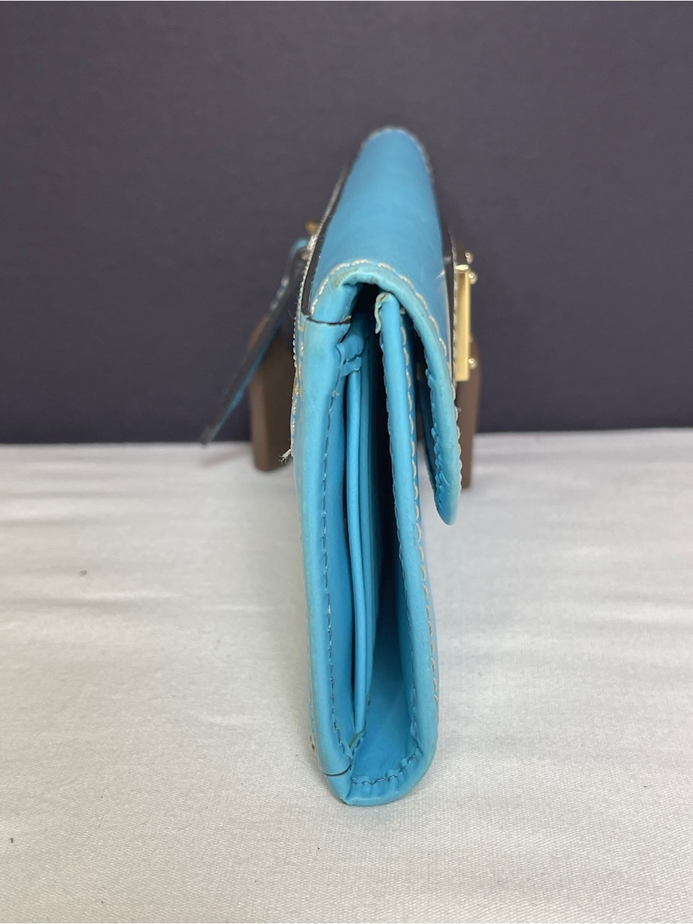 Dooney & Bourke Turquoise Leather Fold-Over Wallet with Gold Plaque - Picture 4 of 14